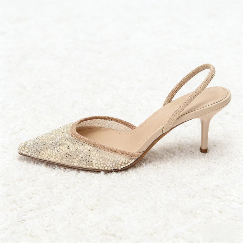 Bling Upper Design Women Pumps Sexy Pointed Toe Slingback Heeled Sandals Stretch Back Strap Stiletto Heels for Ladies Tacones