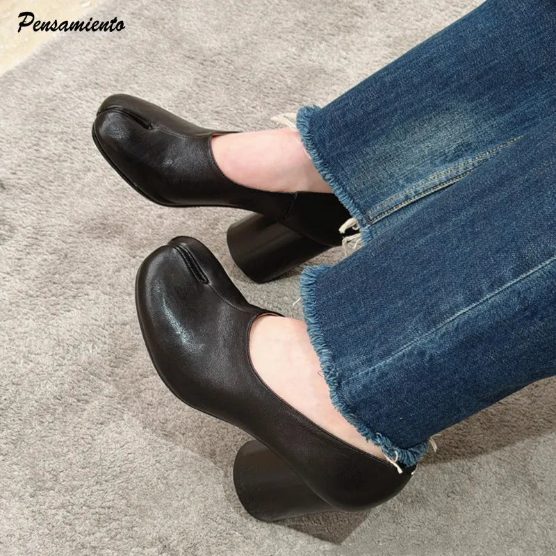 Fashion Soft Leather Split Toe Ballet Women Pumps Spring Summer Vintage Black Tabi High Heels Mules Casual Slip-on Chunky Shoes