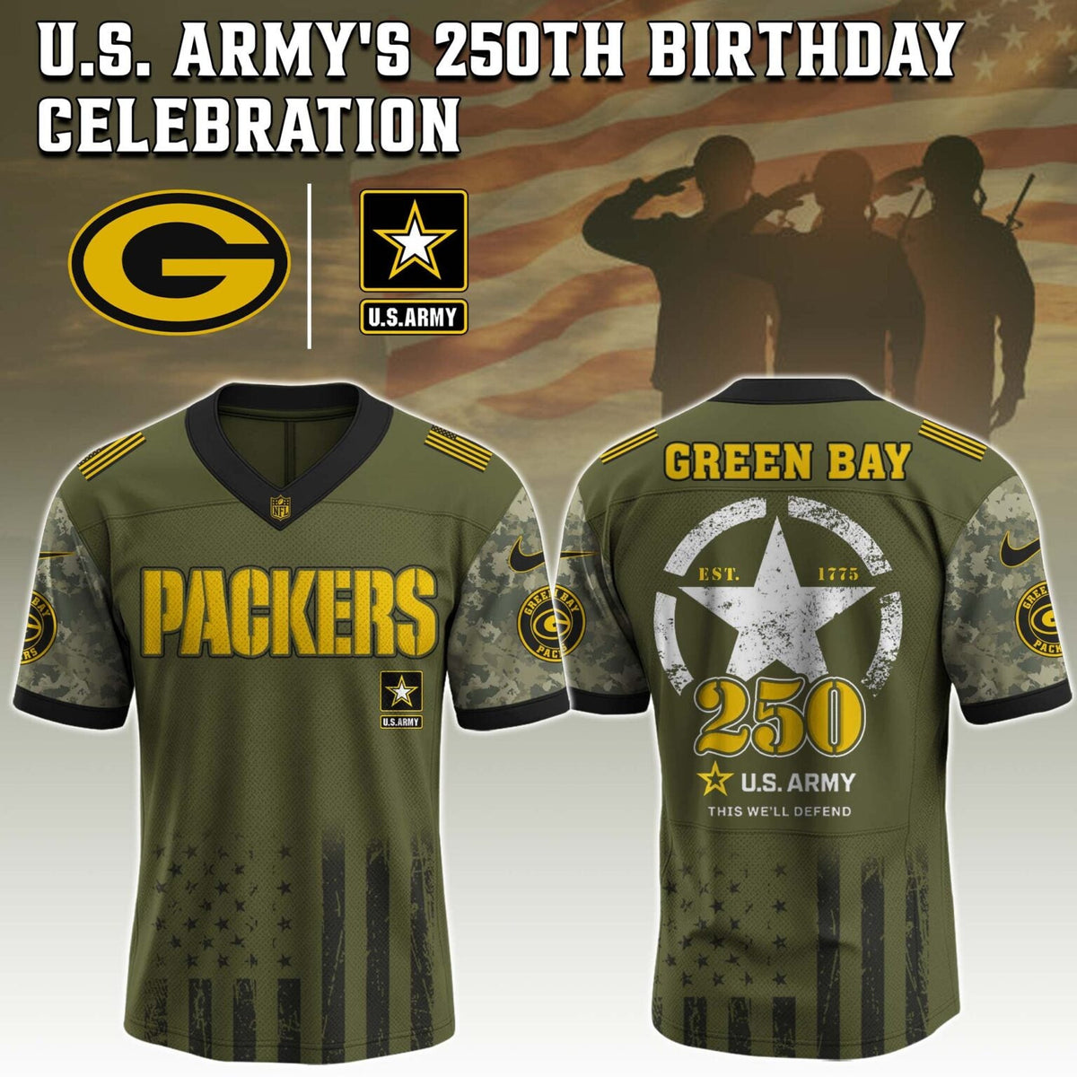 Green Bay Packers NFL x U.S. ARMY'S 250TH Birthday Special Edition Jersey