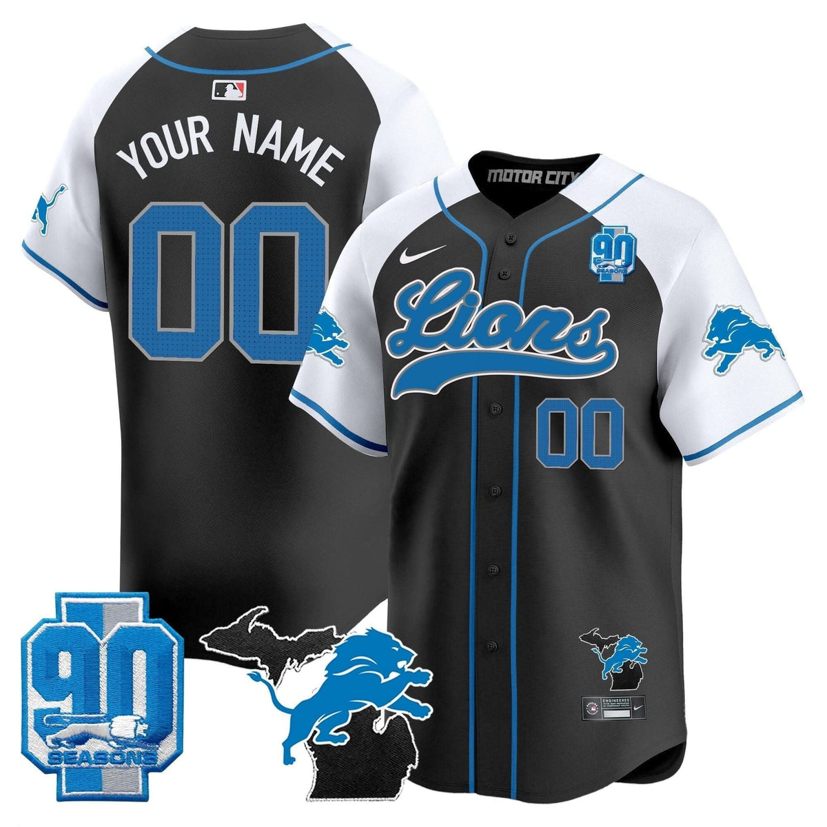 Detroit Lions 2024 Michigan & 90th Season Patch Baseball Custom Jersey - All Stitched